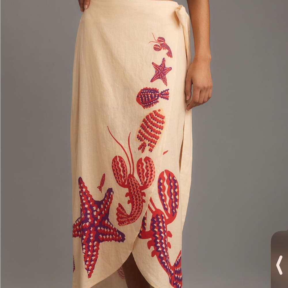 Farm Rio Linen‎ Side Tie Midi Skirt Wrap in Red Pattern Shell Lobster Starfish